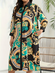  Baroque Print Button Up Long Sleeve Shirt Dress