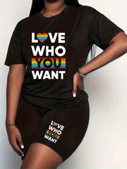  LGBT Casual Outfits 2 Piece Set Women's Plus Slogan & Rainbow Heart