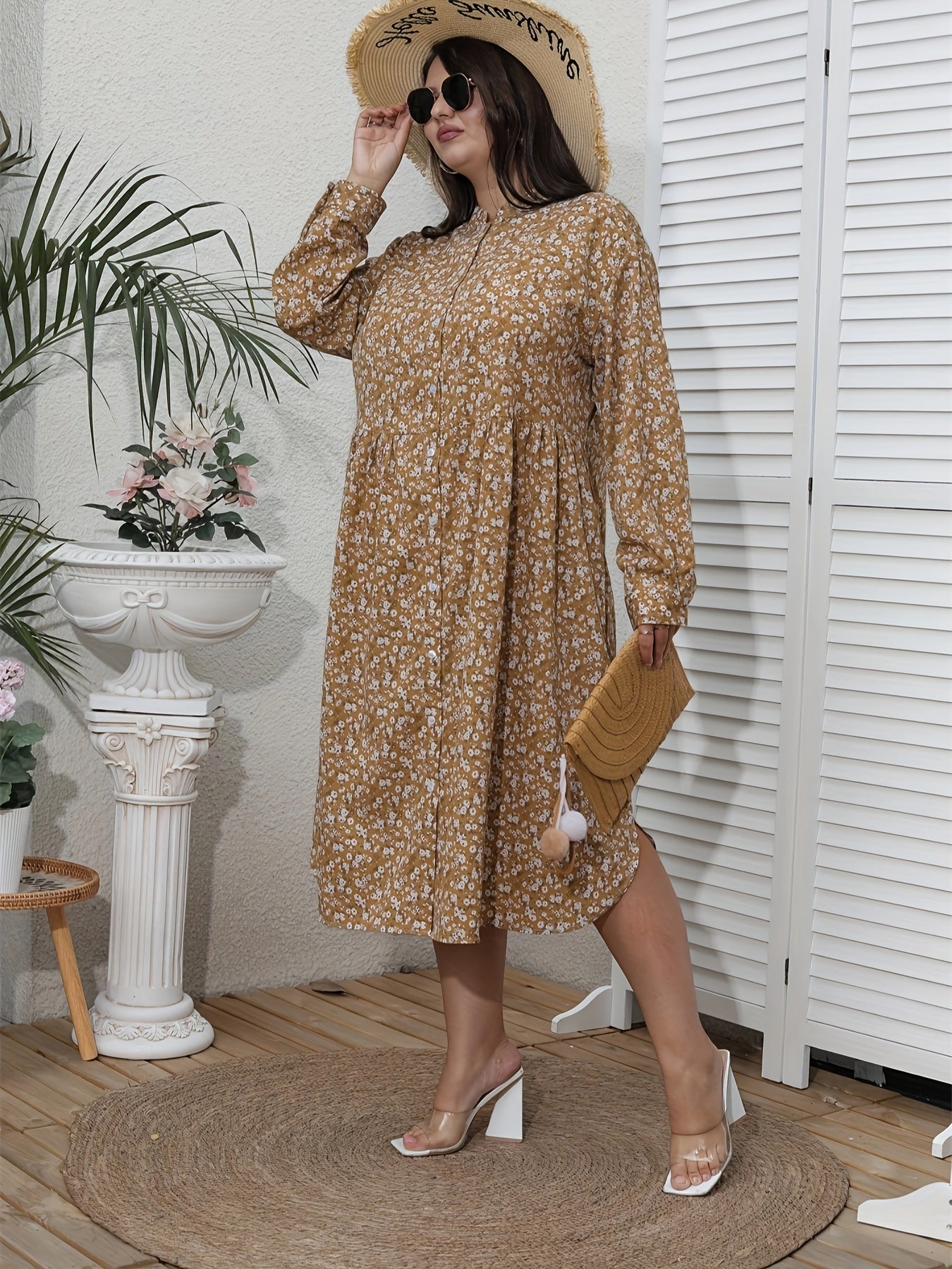  Floral Print Long Sleeve Shirt Dress