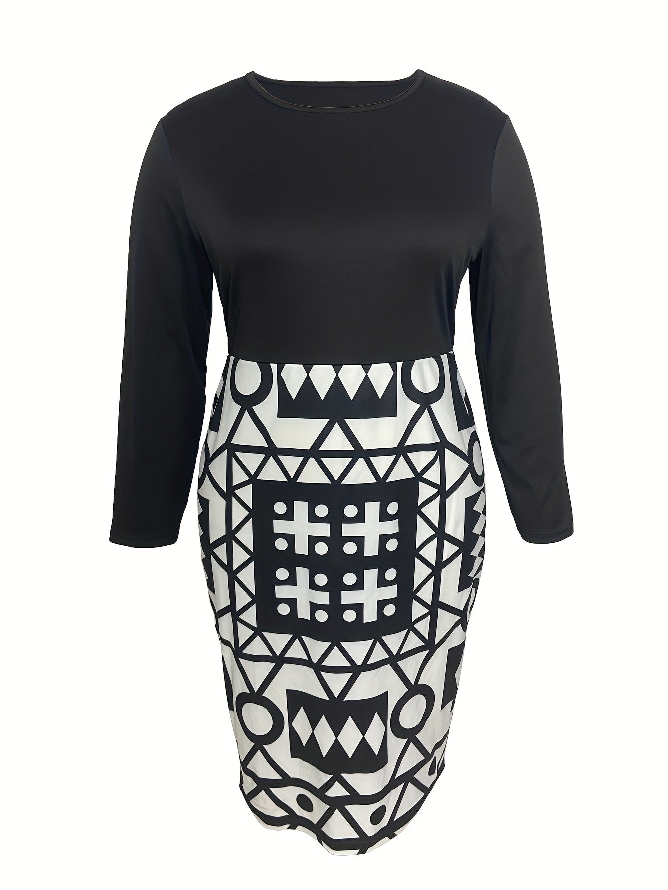  Colorblock Geo Print Long Sleeve Round Neck Dress