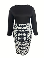  Colorblock Geo Print Long Sleeve Round Neck Dress