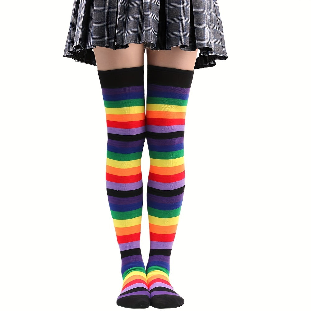 Rainbow Striped Thigh High Socks Cosplay Colorblock Over The Knee Socks