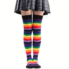 Rainbow Striped Thigh High Socks Cosplay Colorblock Over The Knee Socks