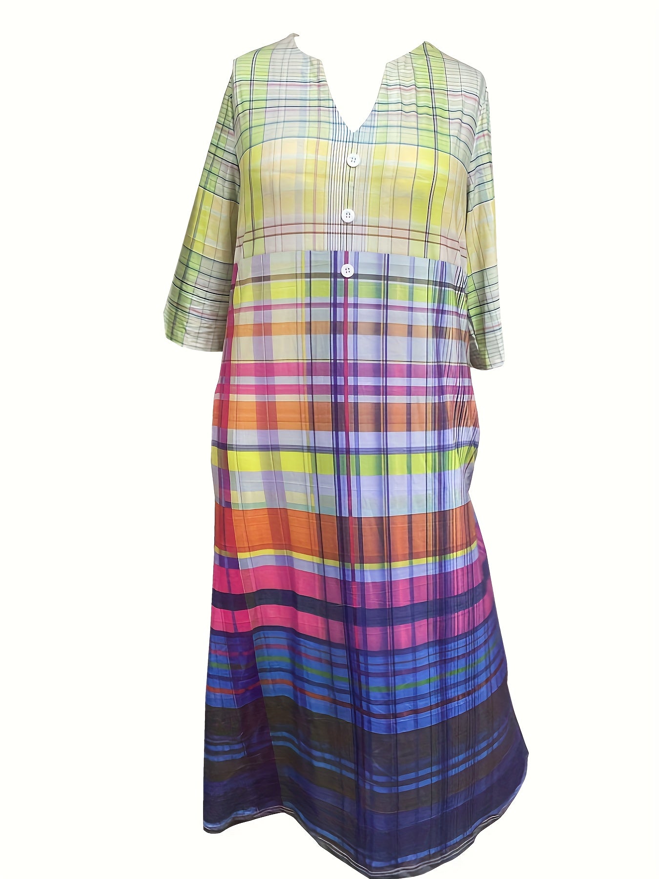  Ombre Plaid Print Notched Neck Dress