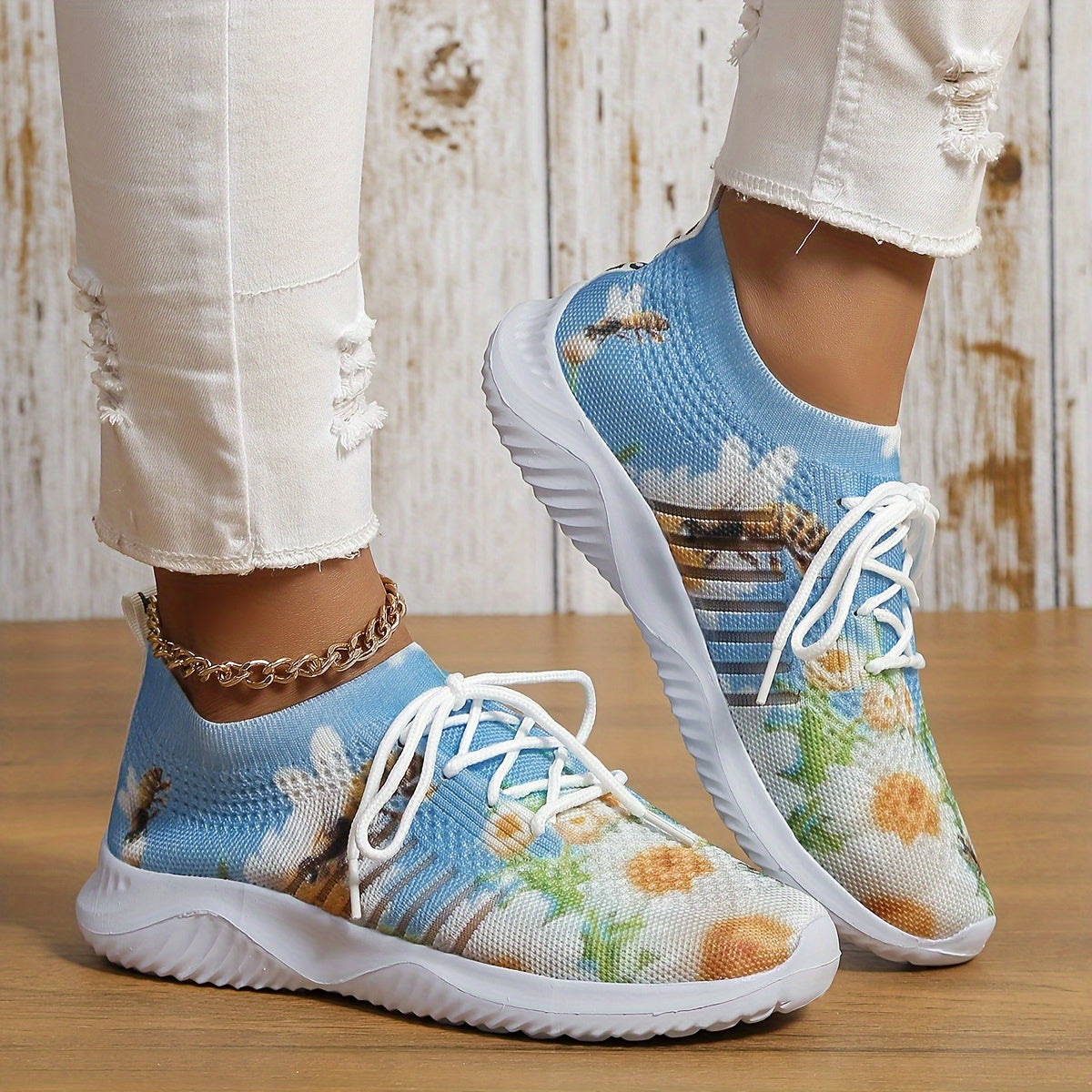 Flower Print Mesh Lightweight Running Shoes Breathable Non Slip Outdoor Sneakers