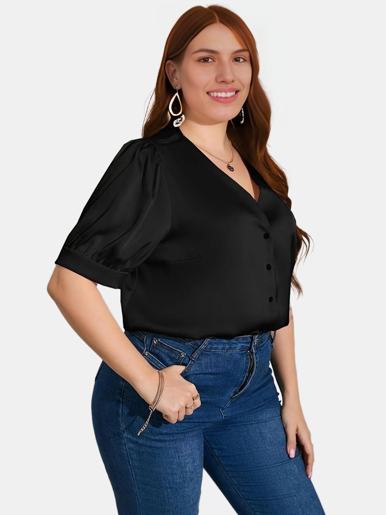  Satin Puff Sleeve V Neck Shirt Women's Plus