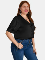  Satin Puff Sleeve V Neck Shirt Women's Plus