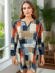 Colorblock Geometric Print Long Sleeve Dress
