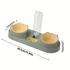 Cat Double Bowls w/ Gravity Water Bottle 3-In-1