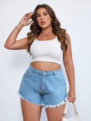  High Rise Fringe Trim Denim Shorts