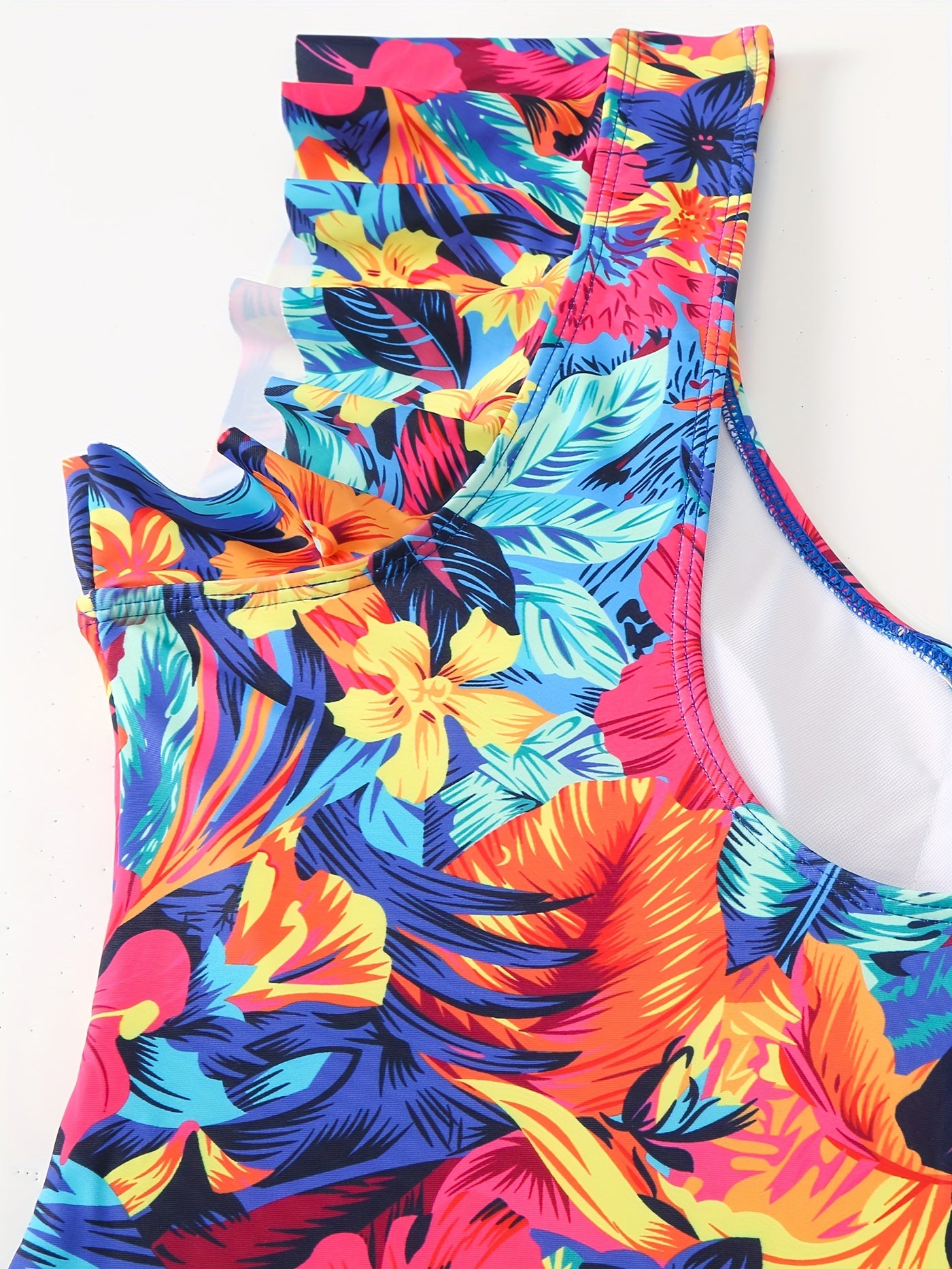  Floral Print V Neck Ruffle Trim One Piece Bathing Suit