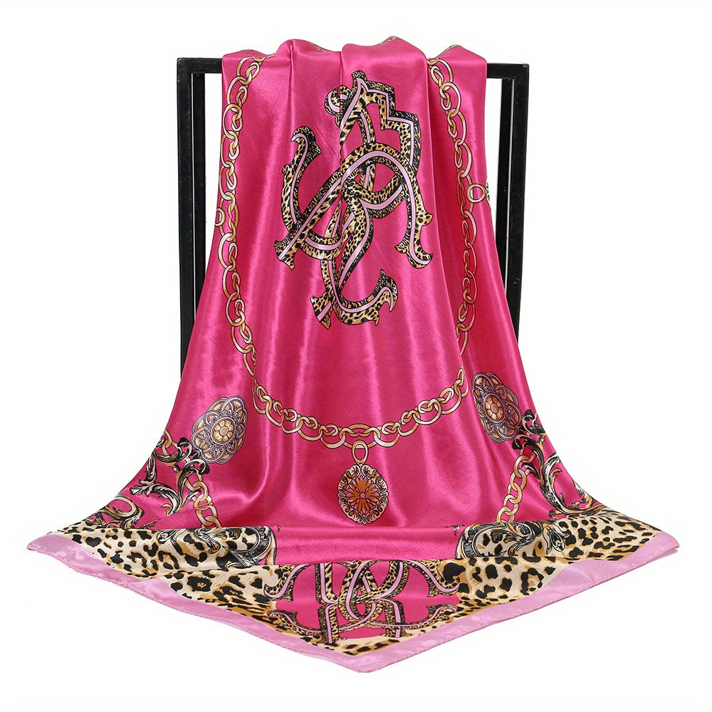 Leopard Chain Print Bandana Satin Square Head Scarf Solid Shawl