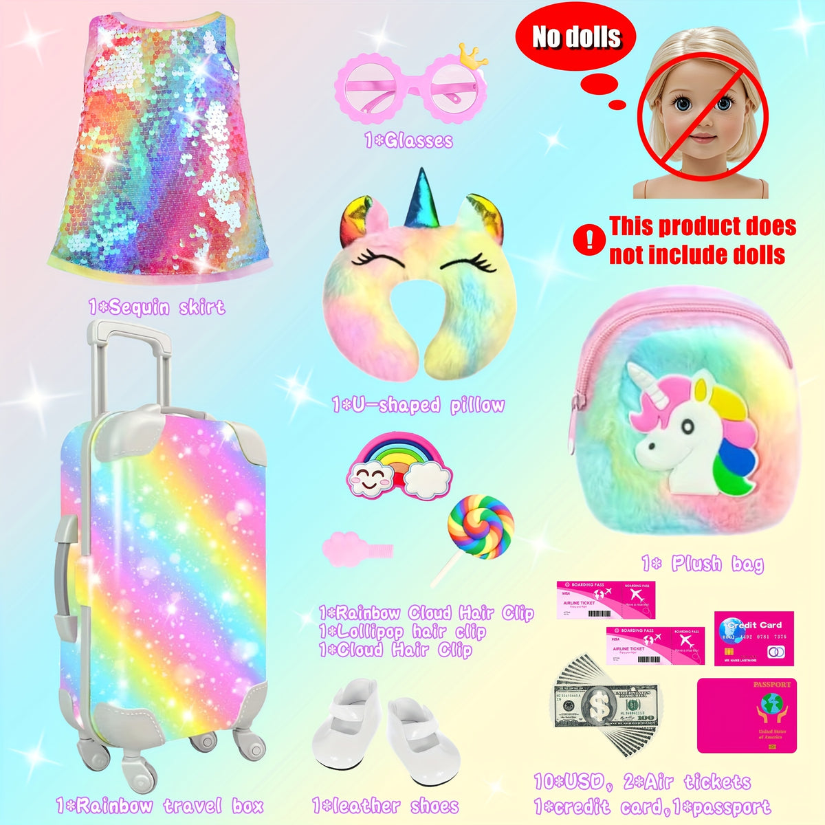 24pcs 18 Inch Doll Travel Case Set with Shinning Dresses Handbag Glasses Shoes