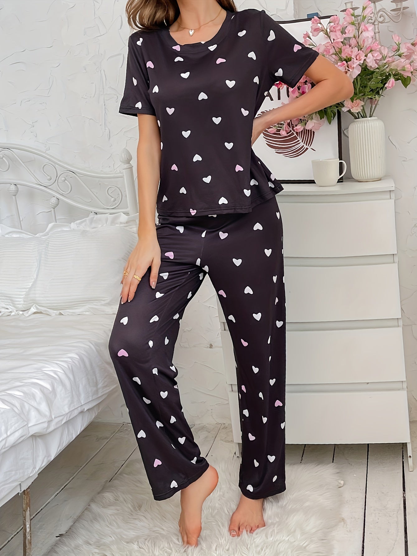 Heart Print Pajama Set Short Sleeve Top & Pants Women's Sleepwear