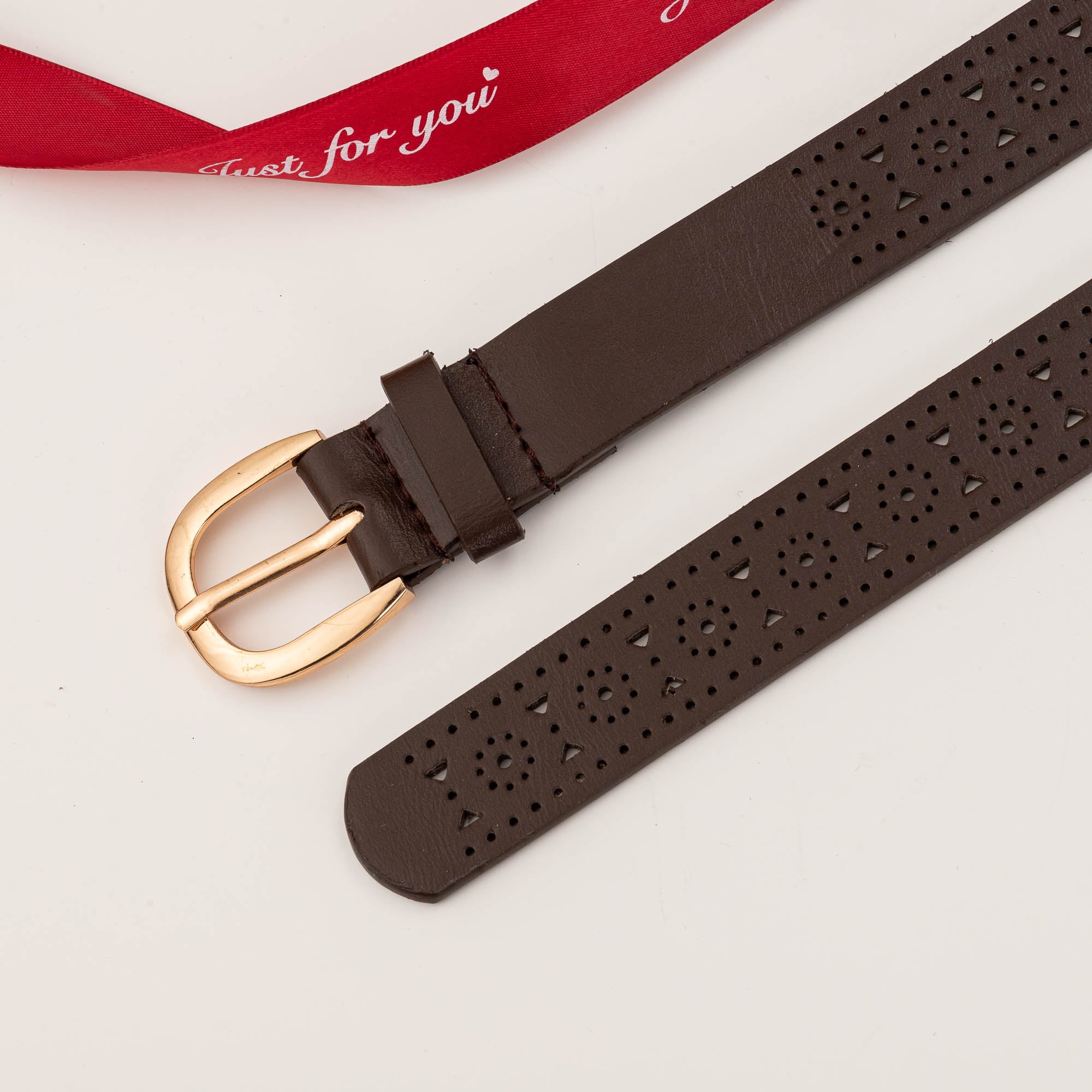 Brown Hollow Belt Women Metal Buckle Solid Brown Belt