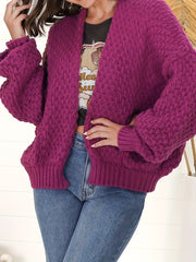  Solid Lantern Sleeve Open Front Chunky Cardigan