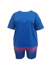  Women's Solid Tee & Ombre Print Shorts Set
