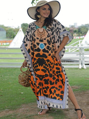  Boho Cover Up V-Neck Geometric Print Batwing Sleeve Split Cover Up
