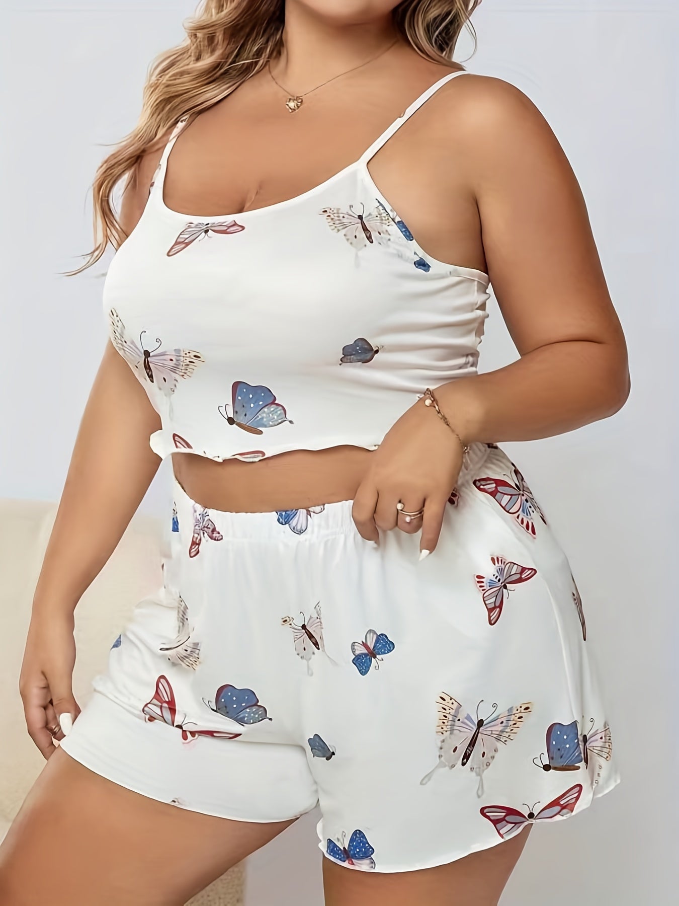  Butterfly Print Crop Cami Top & Shorts Pajama Set