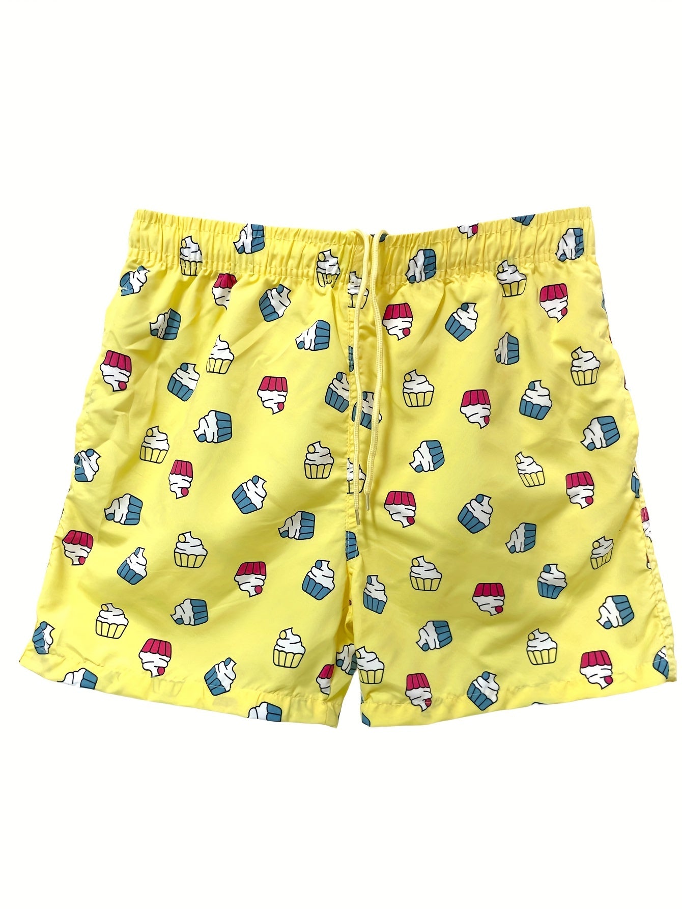 Quick Drying Drawstring Men's Swim Trunks with Inner Mesh, Plants and Cake Print