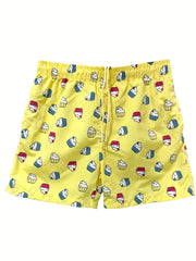 Quick Drying Drawstring Men's Swim Trunks with Inner Mesh, Plants and Cake Print