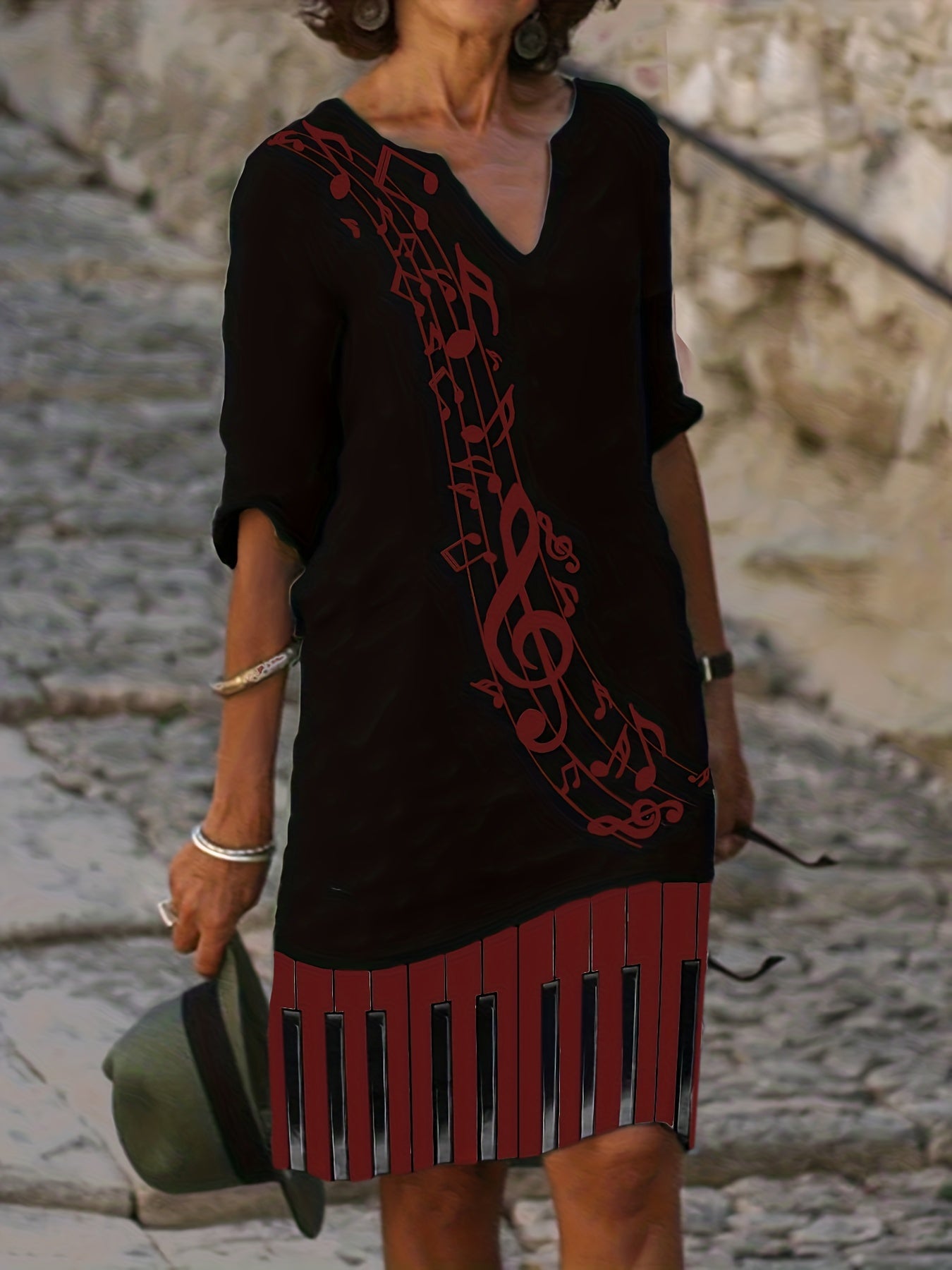  Music Note Print Half Sleeve Dress
