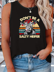  Colorblock Cow & Slogan Print Tank Top