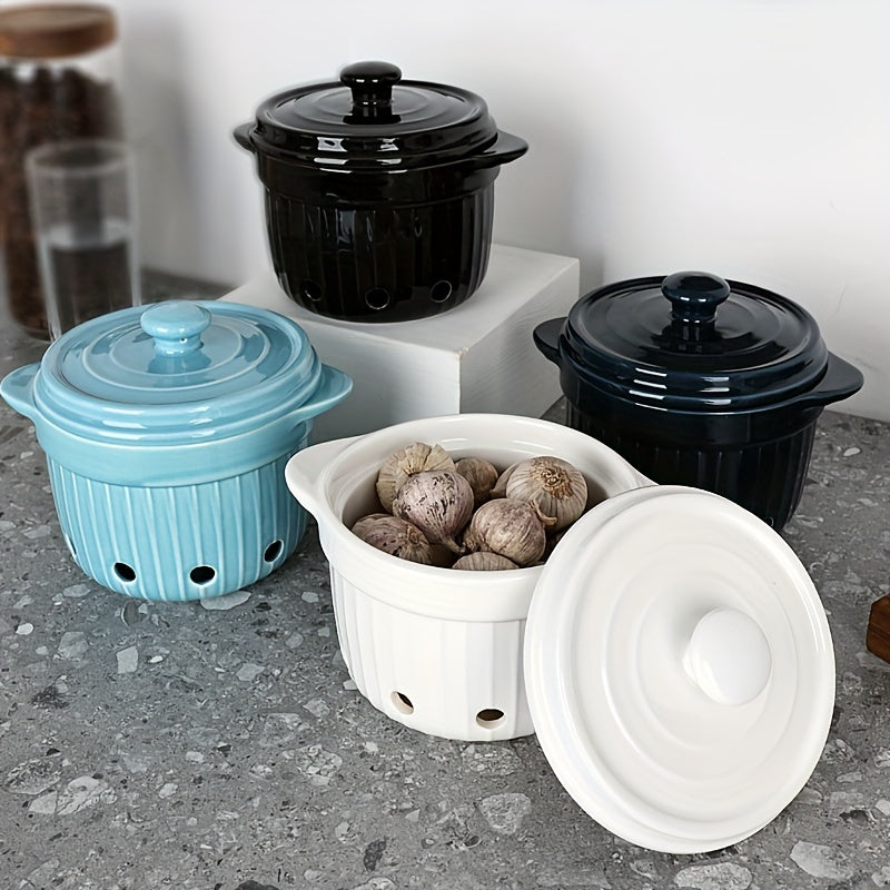 Ceramic Garlic Keeper with Lid Countertop Storage Bowl