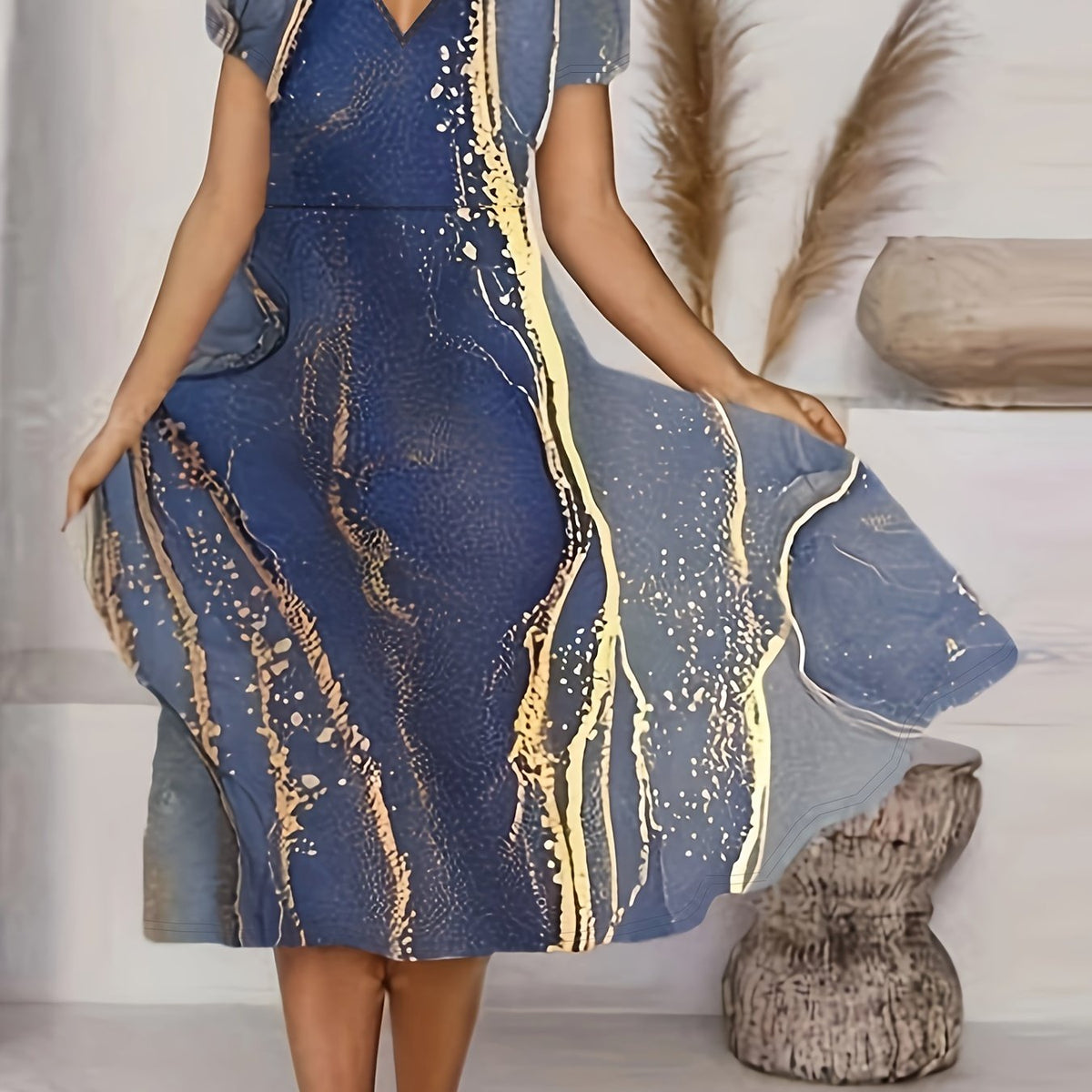  Marble Print Short Sleeve Midi Dress