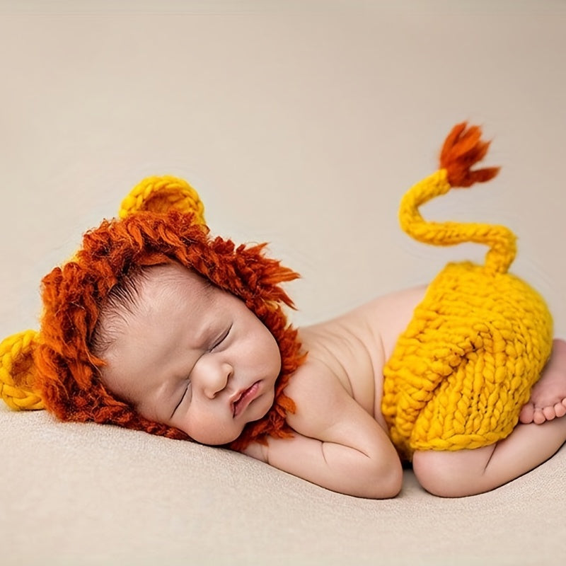 Newborn Baby Lion Hat Photography Props Knitted Hat Pant Suit Infant Costume