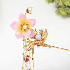 Hanfu Hairpin Faux Pearl Flower Bird Tassel Chignon Vintage Chinese Style Cheong