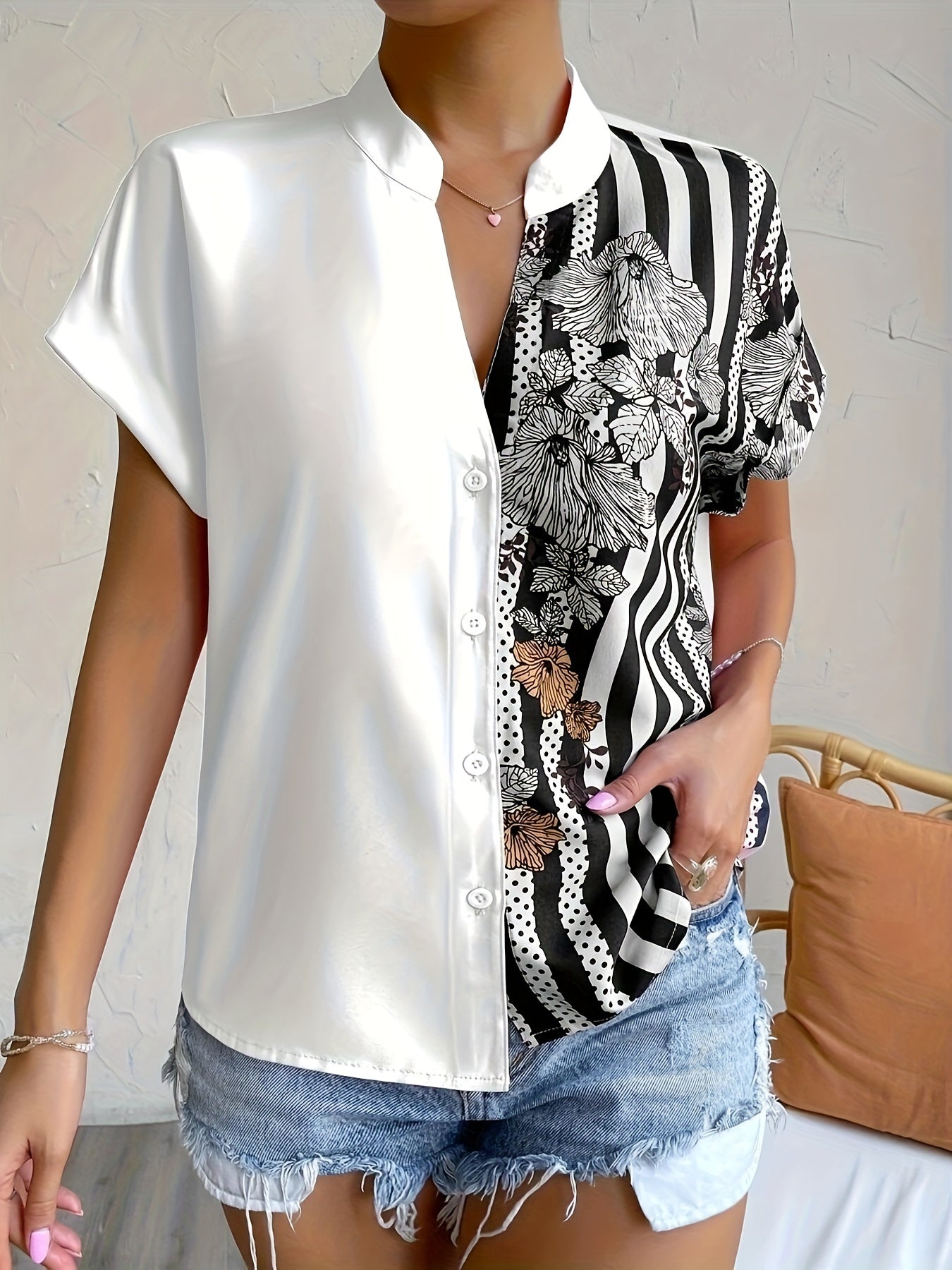  Colorblock Floral Print Blouse