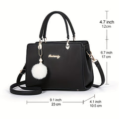 Plush Ball Decor Satchel Bag Solid Hand Bag Women's Shoulder Purse