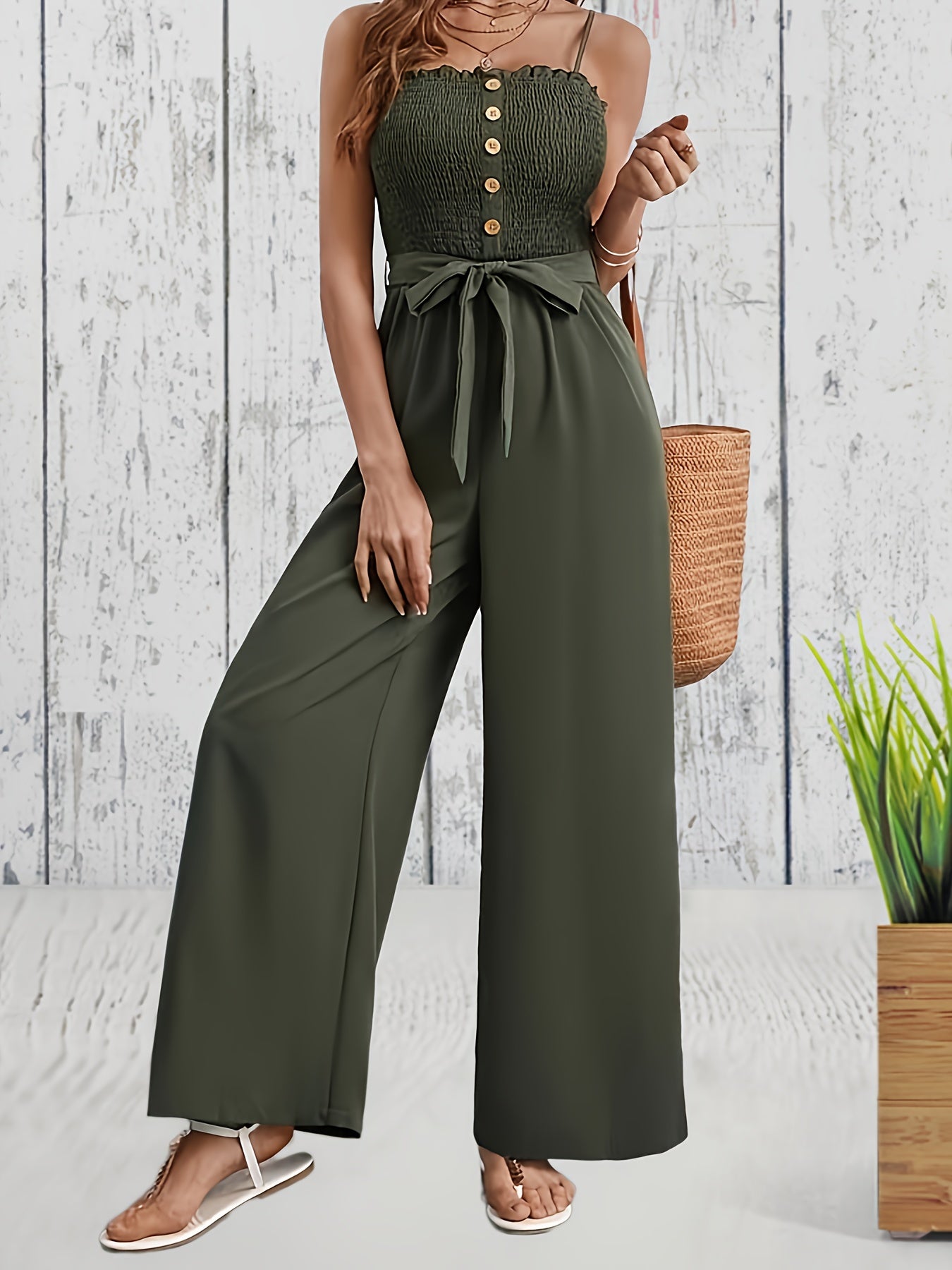 Shirred Wide Leg Jumpsuit Solid Spaghetti Strap Sleeveless