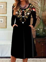 Floral Print Button Decor Long Sleeve Midi Dress