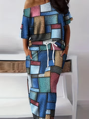  Camo Print One Shoulder Tee & Pocketed Skirt Set