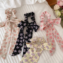 4pcs Floral Bow Hair Tie Ribbon Scarf Large Colorful Scrunchies