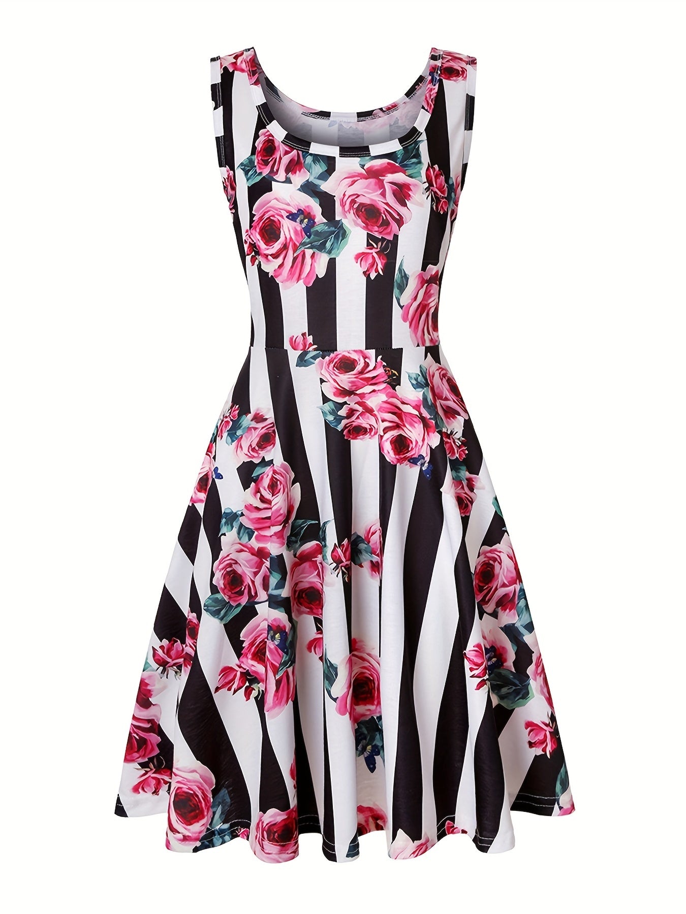  Casual Tank Dress Women's Plus Graphic Print Round Neck Medium Stretch