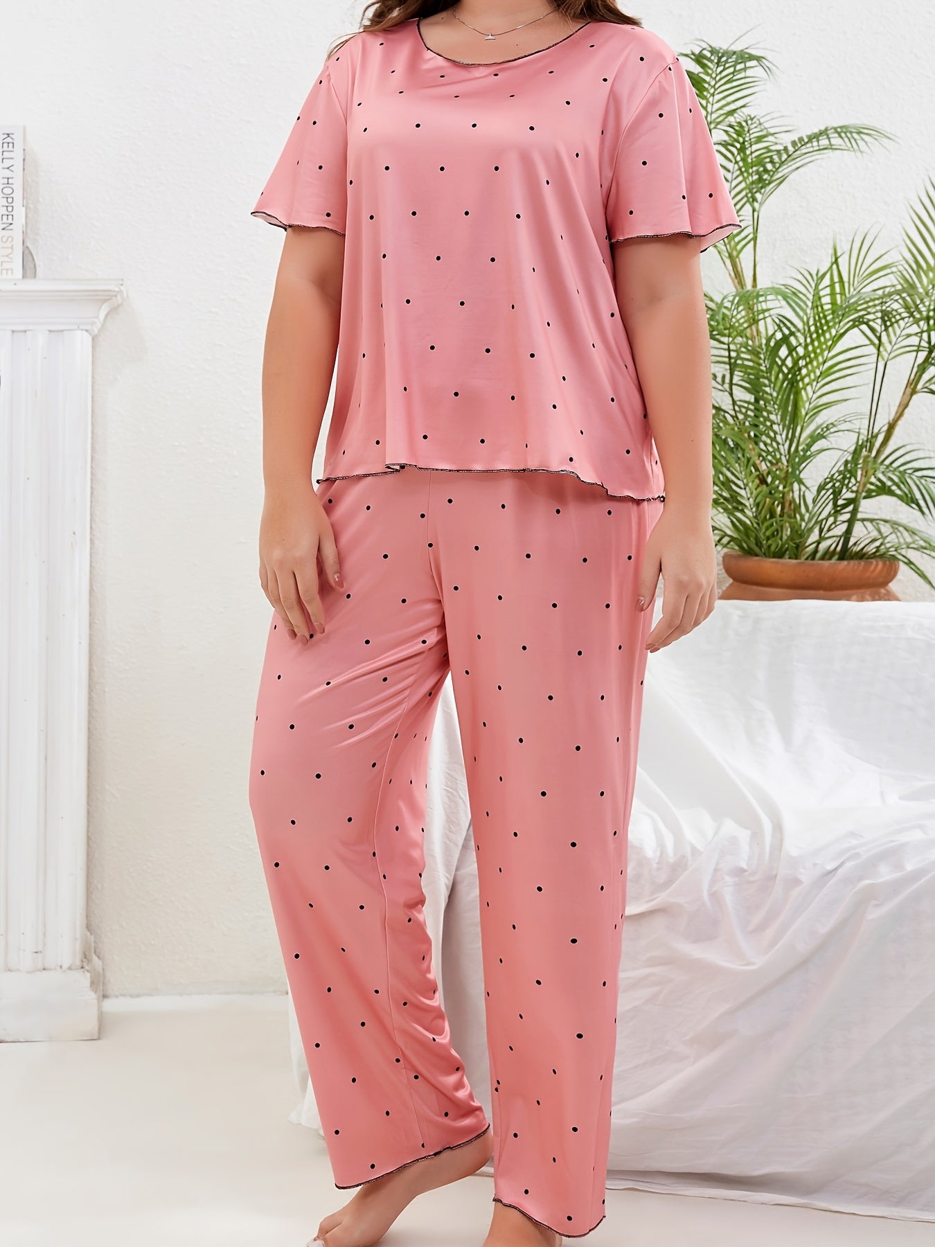  Polka Dot Pajama Set Short Sleeve Tee & Pants Lounge Two Piece