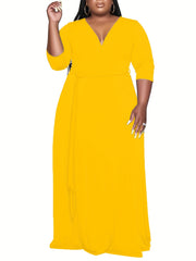 Women's Plus Solid Half Sleeve Maxi Dress With Belt