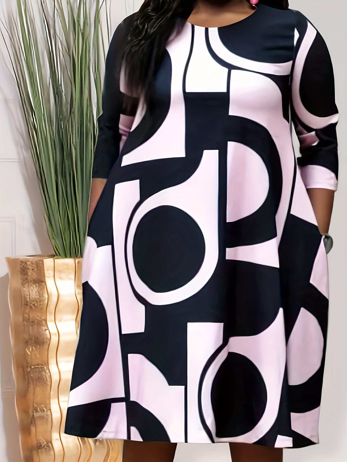 Geometric Print Half Sleeve Loose Fit Dress