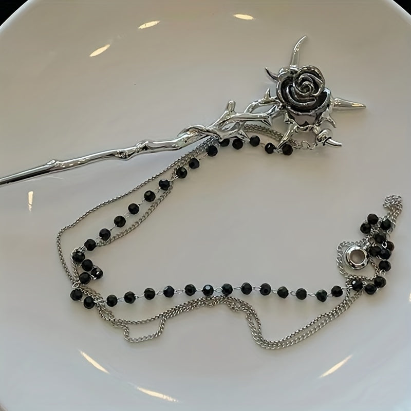 Metal Flower Hairpin With Chain Tassel Rose Hair Pin Back Head Hair Stick