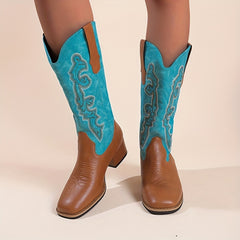 Women's Retro Western Boots Embroidered Square Toe Chunky Heel Cowgirl Mid Calf
