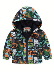 Kids Dino Print Zip Hoodie Cardigan Collar Jacket