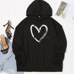 Women's Heart Print Hoodie Casual Drawstring Loose Sweatshirt