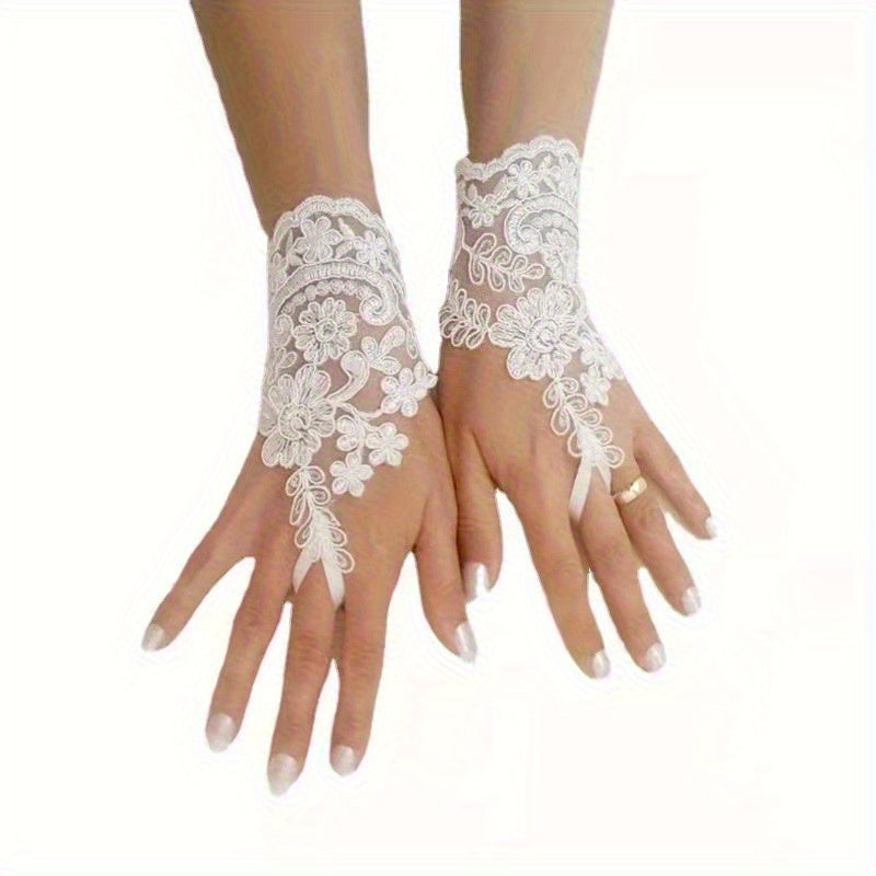 Floral Lace Fingerless Bridal Gloves with Flowers and Bow Accents