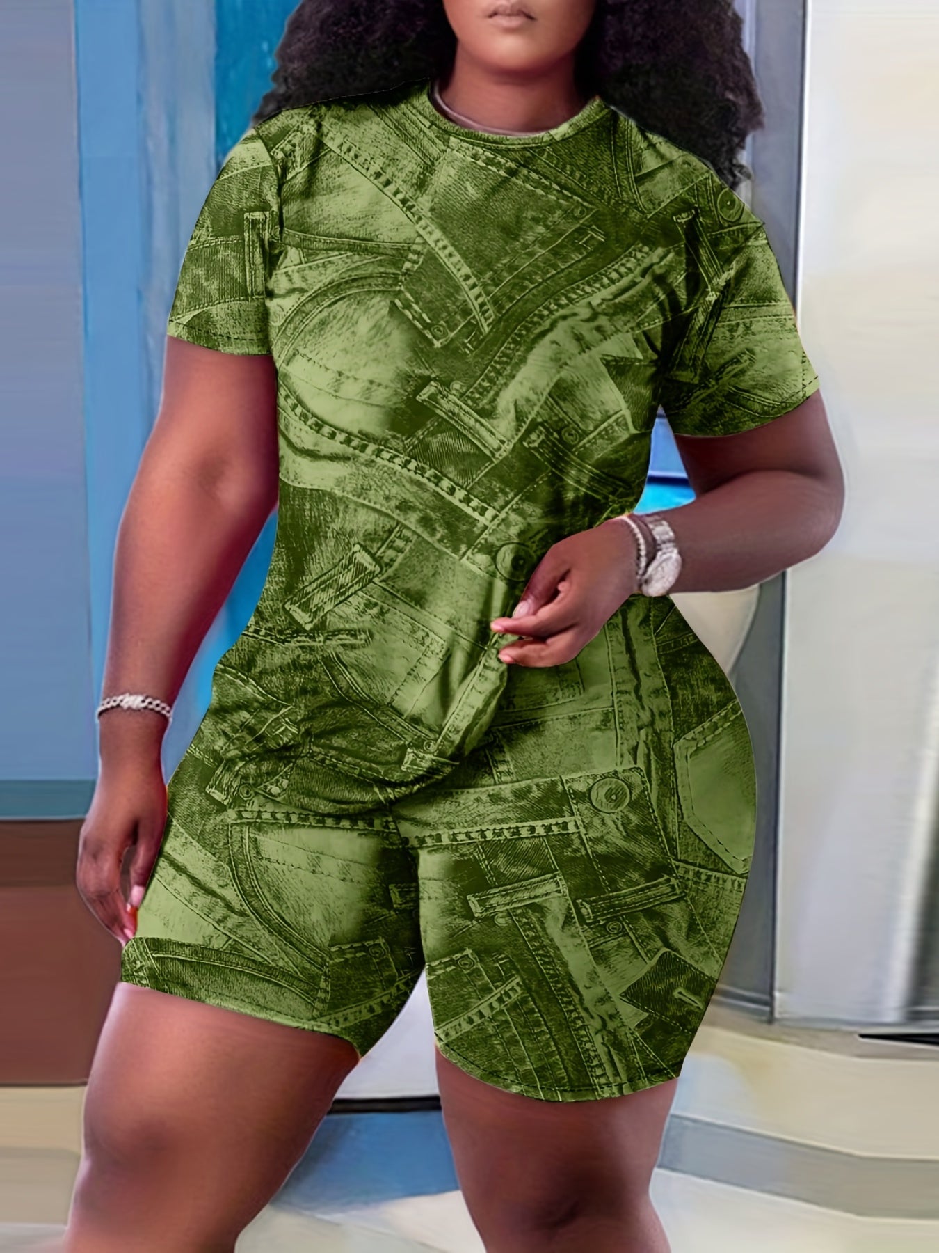  Denim Print Tee & Shorts Set