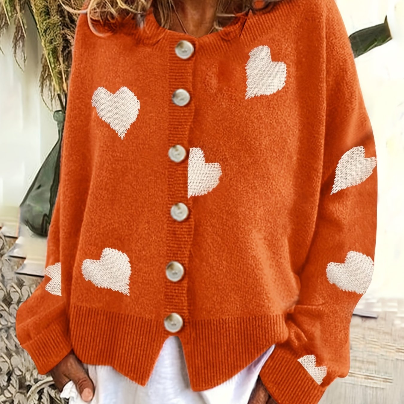  Heart Print Button Up Long Sleeve Cardigan