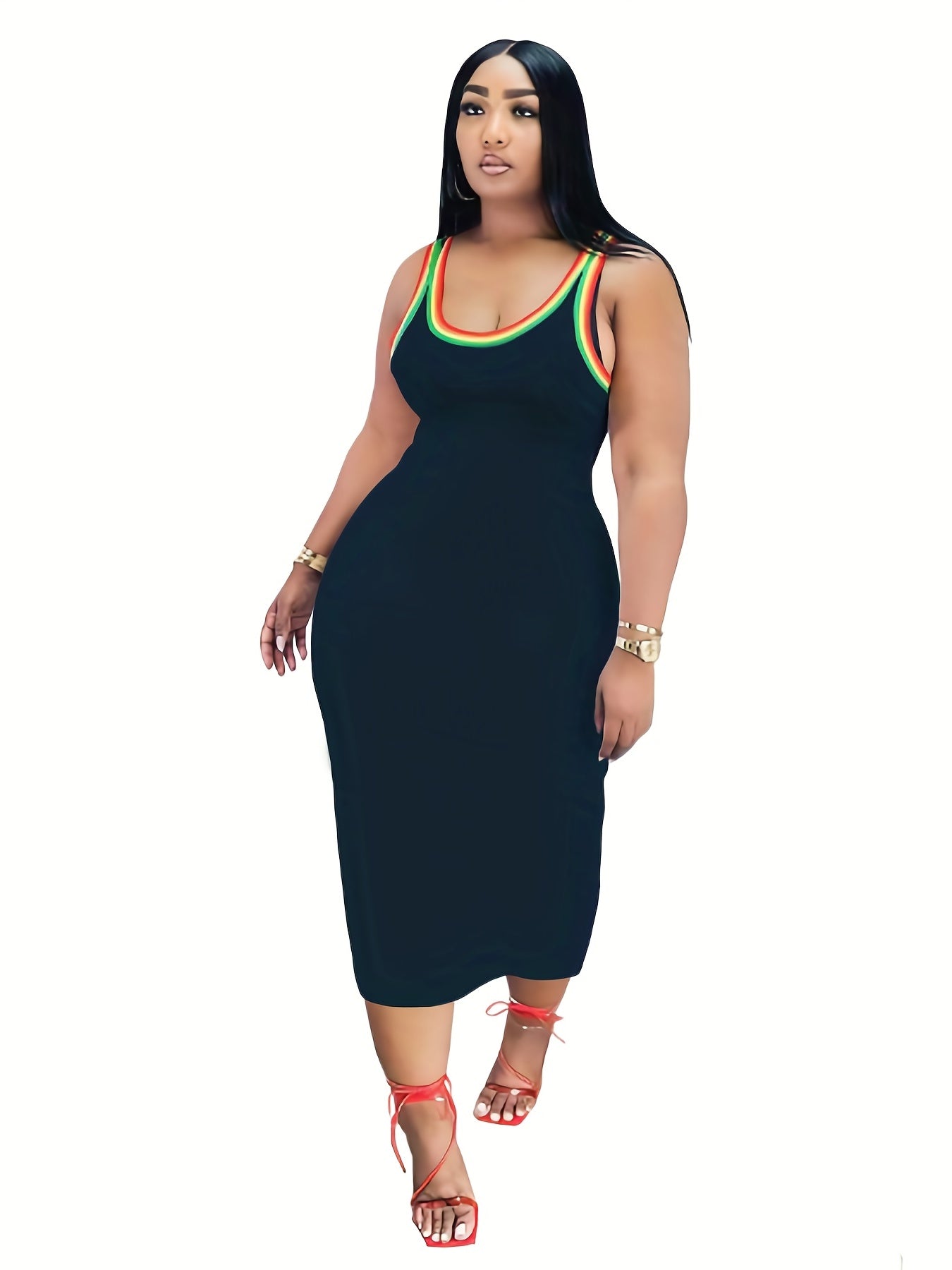  Casual Tank Dress Women's Plus Colorblock Rainbow Trim Round Neck