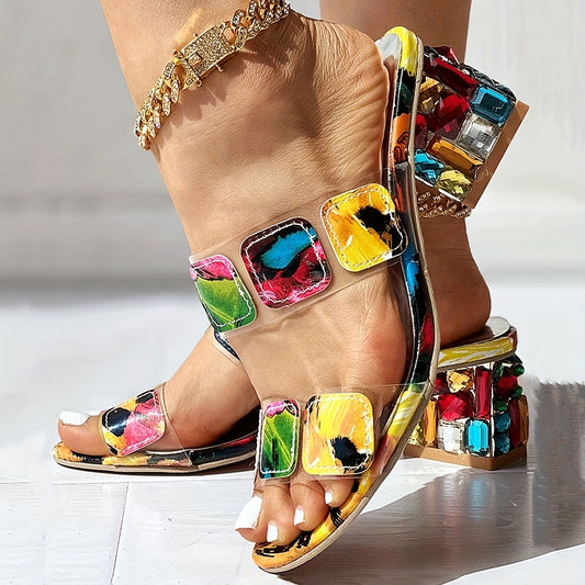 Women's Rhinestone Heeled Sandals Open Toe Chunky Heels